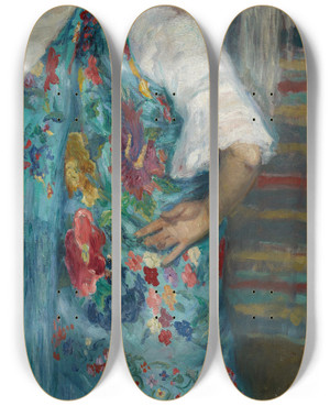 Triptych art skateboard deck of Gonzalo Bilbao Martnez A Girl With Shawl by Gonzalo Bilbao Martinez (1860-1938)