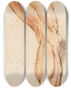 Triptych art skateboard deck of Willem Panneels Anatomical Study Corch A Mans Flayed Right Leg Seen From The Back Turned To The Right by Willem Panneels (1600-1634)