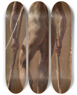 Triptych art skateboard deck of Kazimierz Alchimowicz Nude Of An Old Man Leaning On Crutches Back View by Kazimierz Alchimowicz (1840-1916)