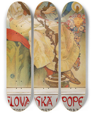 Triptych art skateboard deck of Alphonse Mucha The Slav Epic 1930 Exhibition Poster by Alphonse Mucha (1860-1939)