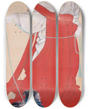 Triptych art skateboard deck of Mihata Jry Court Lady With Dog by Mihata Joryu (1830-1843)