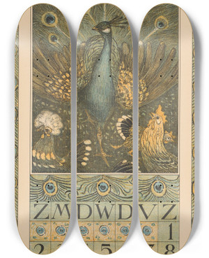 Triptych art skateboard deck of Theo Van Hoytema Kalenderblad Januari Met Pauw En Kippen by Theo Van Hoytema (1863-1917)