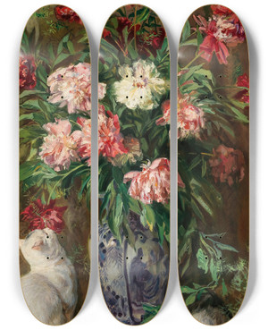 Triptych art skateboard deck of Josef Jungwirth Blumenstck Mit Pfingstrrosen by Josef Jungwirth (1869-1950)
