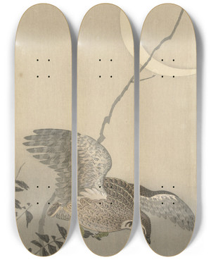 Triptych art skateboard deck of Ohara Koson Quail At Sickle Moon by Ohara Koson (1877-1945)