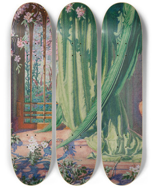 Triptych art skateboard deck of Carlos Schwabe La Porte Dor by Carlos Schwabe (1866-1927)