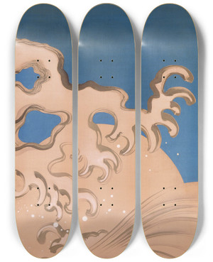 Triptych art skateboard deck of Suzuki Kiitsu Moon And Waves by Suzuki Kiitsu (1796-1858)