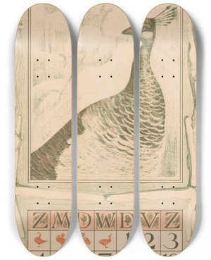 Triptych art skateboard deck of Theo Van Hoytema Kalenderblad Januari Met Pauw by Theo Van Hoytema (1863-1917)