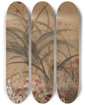 Triptych art skateboard deck of Kitagawa Ssetsu Summer Flowers Ii by Kitagawa Sosetsu (1639-1650)