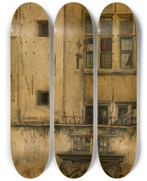 Triptych art skateboard deck of Jan August Hendrik Leys Old Antwerp Facade Klaverbladpoortje by Jan August Hendrik Leys (1815-1869)