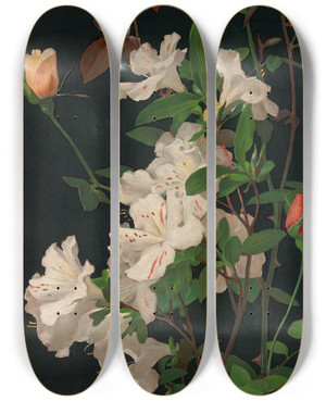 Triptych art skateboard deck of George Cochran Lambdin Azaleas And Roses by George Cochran Lambdin (1830-1896)