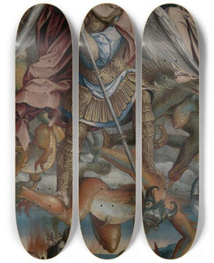 Triptych art skateboard deck of Jan Rombouts Fall Of The Rebel Angels by Jan Rombouts (1480-1535)
