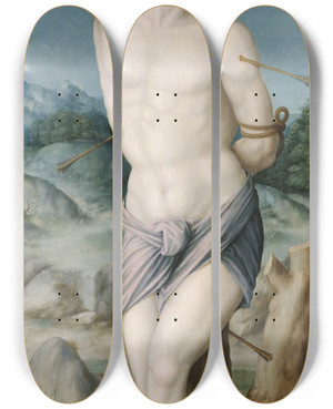 Triptych art skateboard deck of Bacchiacca Saint Sebastian by Bacchiacca (1494-1557)