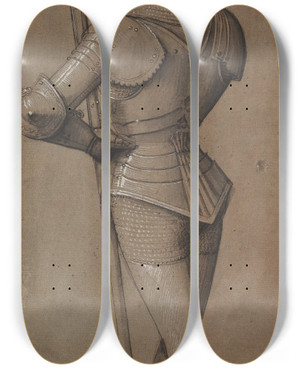Triptych art skateboard deck of Swabian School Knight In Armor Holding A Halberd by Swabian School