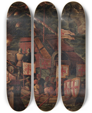 Triptych art skateboard deck of Giorgio Vasari Sea Battle Between Florentines And Pisans by Giorgio Vasari (1511-1574)