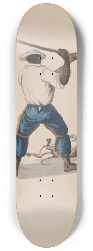 Francisco Fierro - A man viewed from behind beating a dog with a stick 8.25 inch art skate deck