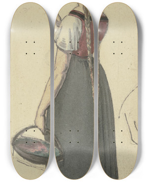 Triptych art skateboard deck of Jakob Frchtegott Dielmann Ein Mdchen Mit Langen Zpfen Und Einem Krbchen In Rckenansicht by Jakob Furchtegott Dielmann (1809-1885)
