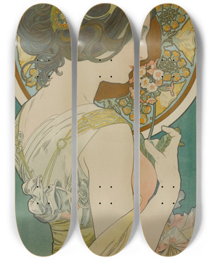 Triptych art skateboard deck of Alphonse Mucha Primrose by Alphonse Mucha (1860-1939)