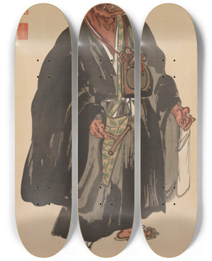 Triptych art skateboard deck of Suzuki Shnen Oni Nenbutsu by Suzuki Shonen (1849-1918)