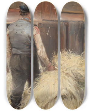 Triptych art skateboard deck of Nils Kreuger Haymaking by Nils Kreuger (1858-1930)