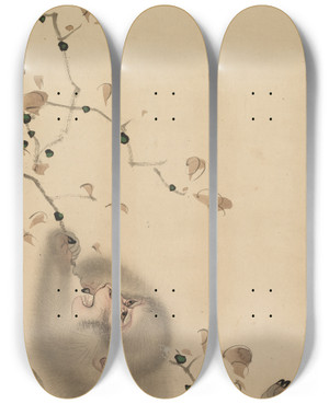 Triptych art skateboard deck of Mori Sosen Monkey Hanging On To A Branch by Mori Sosen (1747-1821)