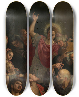 Triptych art skateboard deck of Ambrosius Francken I Saint Sebastian In Prison by Ambrosius Francken I (1544-1618)