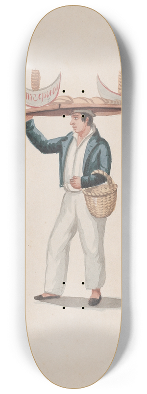 Francisco Fierro - A tortilla vendor balancing a tray on his head 8.25 inch art skate deck