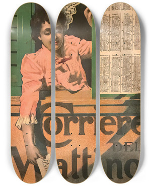 Triptych art skateboard deck of Attilio Pusterla Corriere Del Mattino Giornale Quotidiano Milano by Attilio Pusterla (1862-1941)