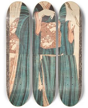 Triptych art skateboard deck of Utagawa Yoshikazu Woman Carrying A New Year Decoration by Utagawa Yoshikazu (1845-1870)