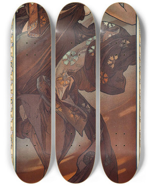 Triptych art skateboard deck of Alphonse Mucha Toile Du Soir by Alphonse Mucha (1860-1939)
