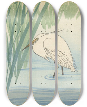Triptych art skateboard deck of Ohara Koson Egret_2 by Ohara Koson (1877-1945)
