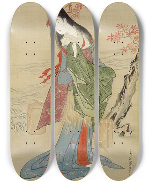 Triptych art skateboard deck of Chbunsai Eishi The Salt Maidens Matsukaze With Yukihiras Coat by Chobunsai Eishi (1756-1829)