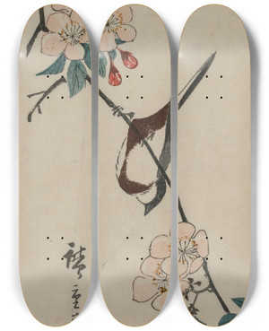 Triptych art skateboard deck of And Hiroshige Small Bird Swallow On Cherry Branch by Ando Hiroshige (1797-1858)
