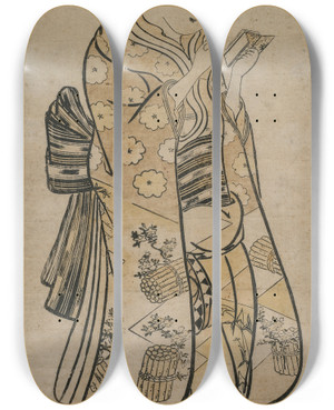 Triptych art skateboard deck of Okumura Masanobu A Beauty With A Mirror by Okumura Masanobu (1686-1764)