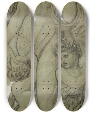 Triptych art skateboard deck of Frederic James Shields Eve Cain And Abel by Frederic James Shields (1833-1911)