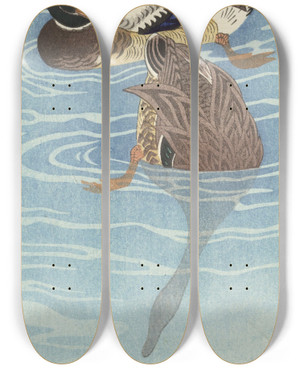 Triptych art skateboard deck of Ohara Koson Flock Of Wild Ducks In The Water by Ohara Koson (1877-1945)