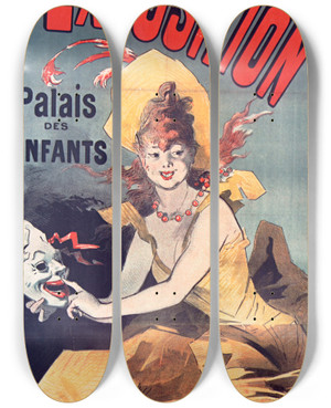 Triptych art skateboard deck of Jules Chret Grand Thtre De Lexposition Palais Des Enfants Opracomique Ballets Pantomines by Jules Cheret (1836-1932)