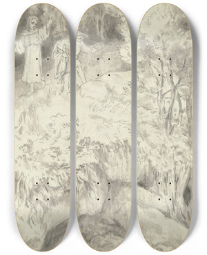 Triptych art skateboard deck of Wilhelm Steinhausen Aufbruch Der Landstreicher Mit Der Kutte Diethers by Wilhelm Steinhausen (1846-1924)