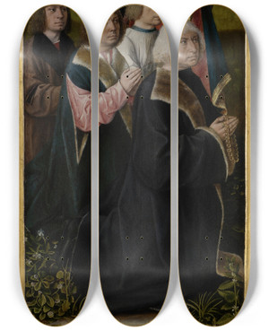Triptych art skateboard deck of Master Of Frankfurt St Nicholas With Donors by Master Of Frankfurt (1460-1533)