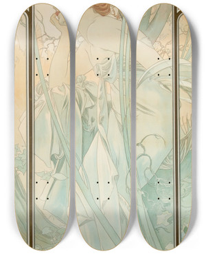 Triptych art skateboard deck of Alphonse Mucha Reverie Du Soir From Times Of Day by Alphonse Mucha (1860-1939)