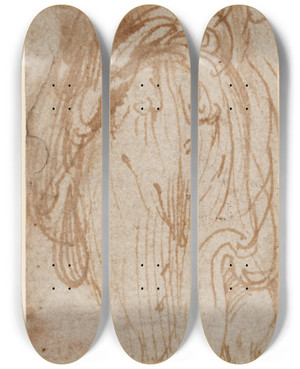 Triptych art skateboard deck of Parmigianino Stehende Frau Von Vorn Die Rechte Zum Kopf Fhrend Rechts Hinter Ihr Eine Zweite Figur by Parmigianino (1503-1540)