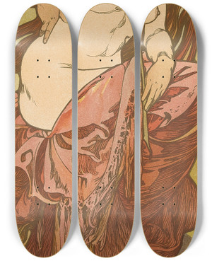 Triptych art skateboard deck of Alphonse Mucha Untitled Plate 13 by Alphonse Mucha (1860-1939)