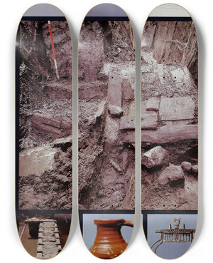 Triptych art skateboard deck of Jolijn Van De Wouw Algemeen Affiche Voor Archeologie In Het Amsterdams Historisch Museum by Jolijn van de Wouw (1942-2001)