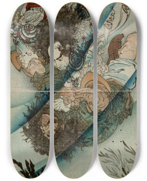 Triptych art skateboard deck of Tsukioka Yoshitoshi Chang Shun The White Stripe In The Waves Wrestling With Li Kuei The Black Whirlwind In The Ching Yang River by Tsukioka Yoshitoshi (1839-1892)