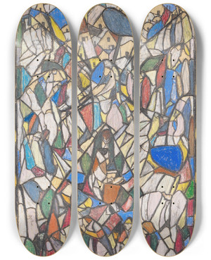 Triptych art skateboard deck of Adolf Hlzel Lesende Glasfensterentwurf by Adolf Holzel (1853-1934)