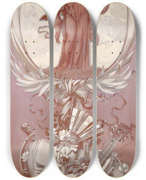 Triptych art skateboard deck of Sebastian Lucius Lautenspielerin In Kartusche Und Putti by Sebastian Lucius (1881-1920)