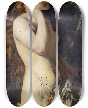 Triptych art skateboard deck of Hans Makart Die Fnf Sinne Das Gehr by Hans Makart (1840-1884)