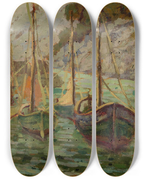 Triptych art skateboard deck of Jan Bohuszewicz Port In Camogli At Dusk by Jan Bohuszewicz (1878-1935)