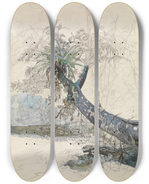 Triptych art skateboard deck of Ferdinand Keller Baumzweig Mit Lianen An Einem Urwaldfluss by Ferdinand Keller (1842-1922)