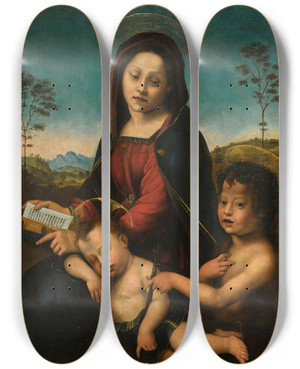 Triptych art skateboard deck of Giuliano Bugiardini Madonna And Child With Saint John The Baptist by Giuliano Bugiardini (1475-1554)
