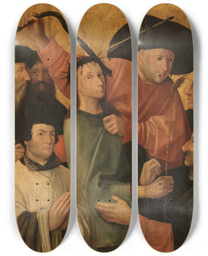 Triptych art skateboard deck of Jan Van Scorel The Mocking Of Christ by Jan Van Scorel (1495-1562)